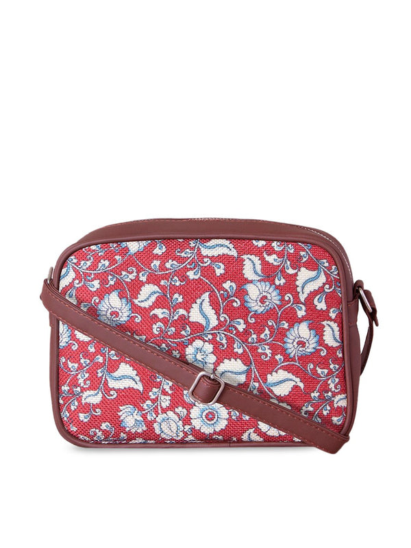 ZOUK Red Floral Printed Structured Kalamkari Sling Bag
