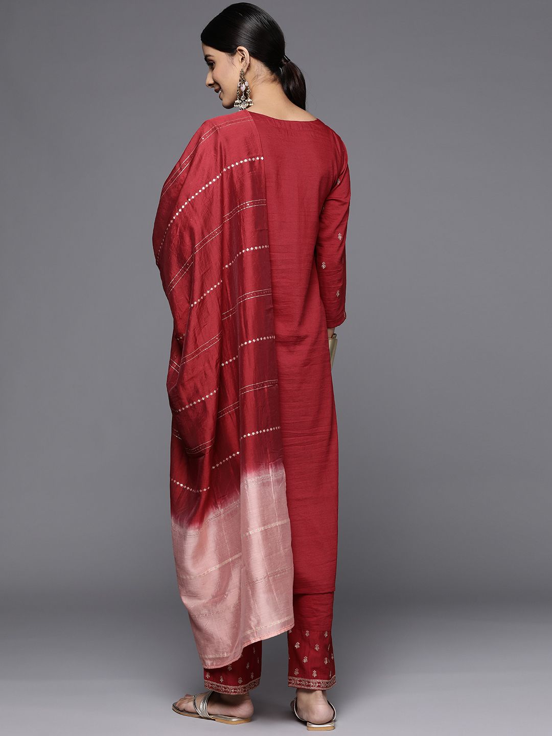 Varanga Women Maroon Ethnic Motifs Embroidered Kurta with Trousers & Dupatta