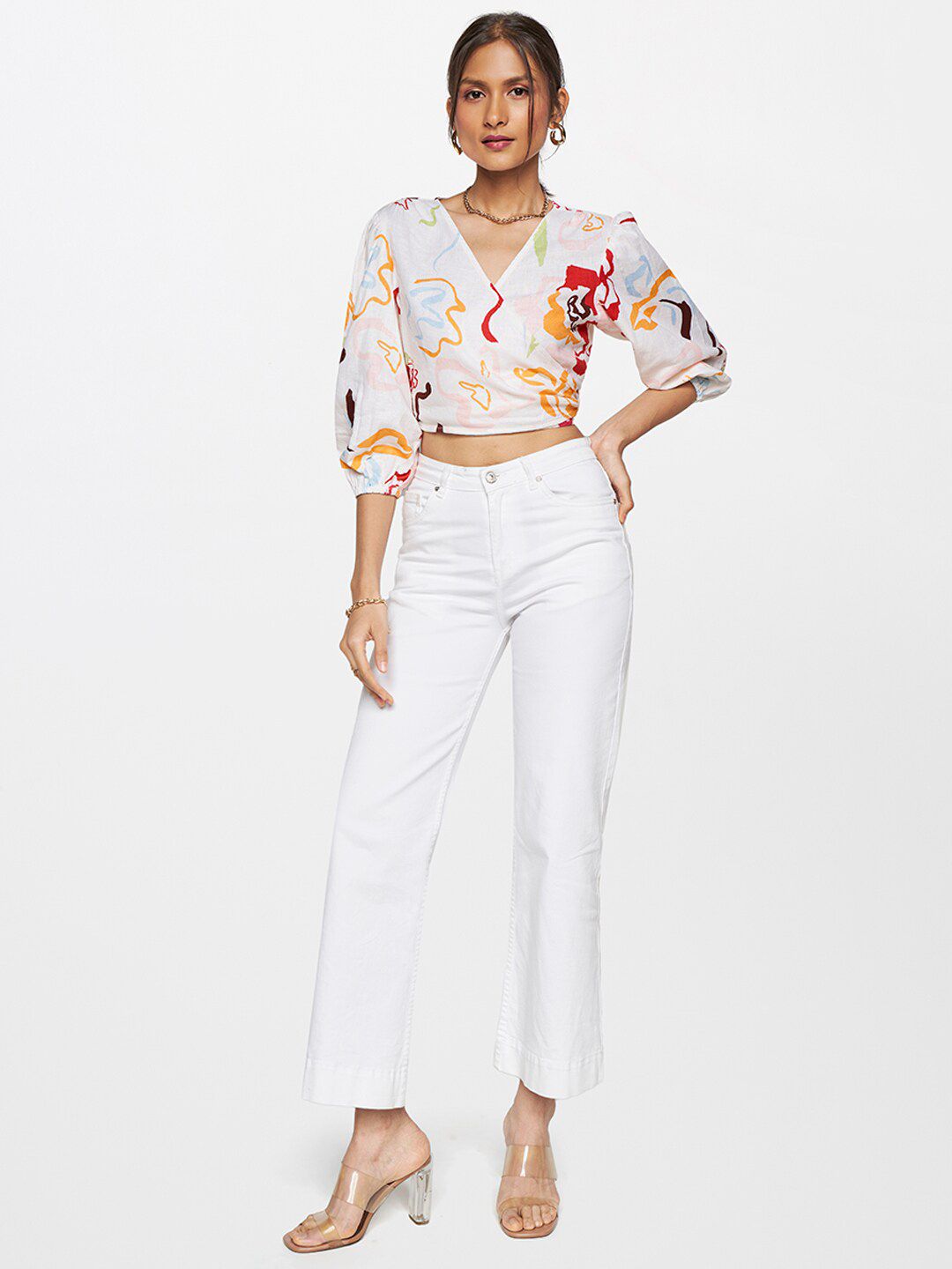 AND Abstract Printed Puff Sleeves Linen Wrap Crop Top