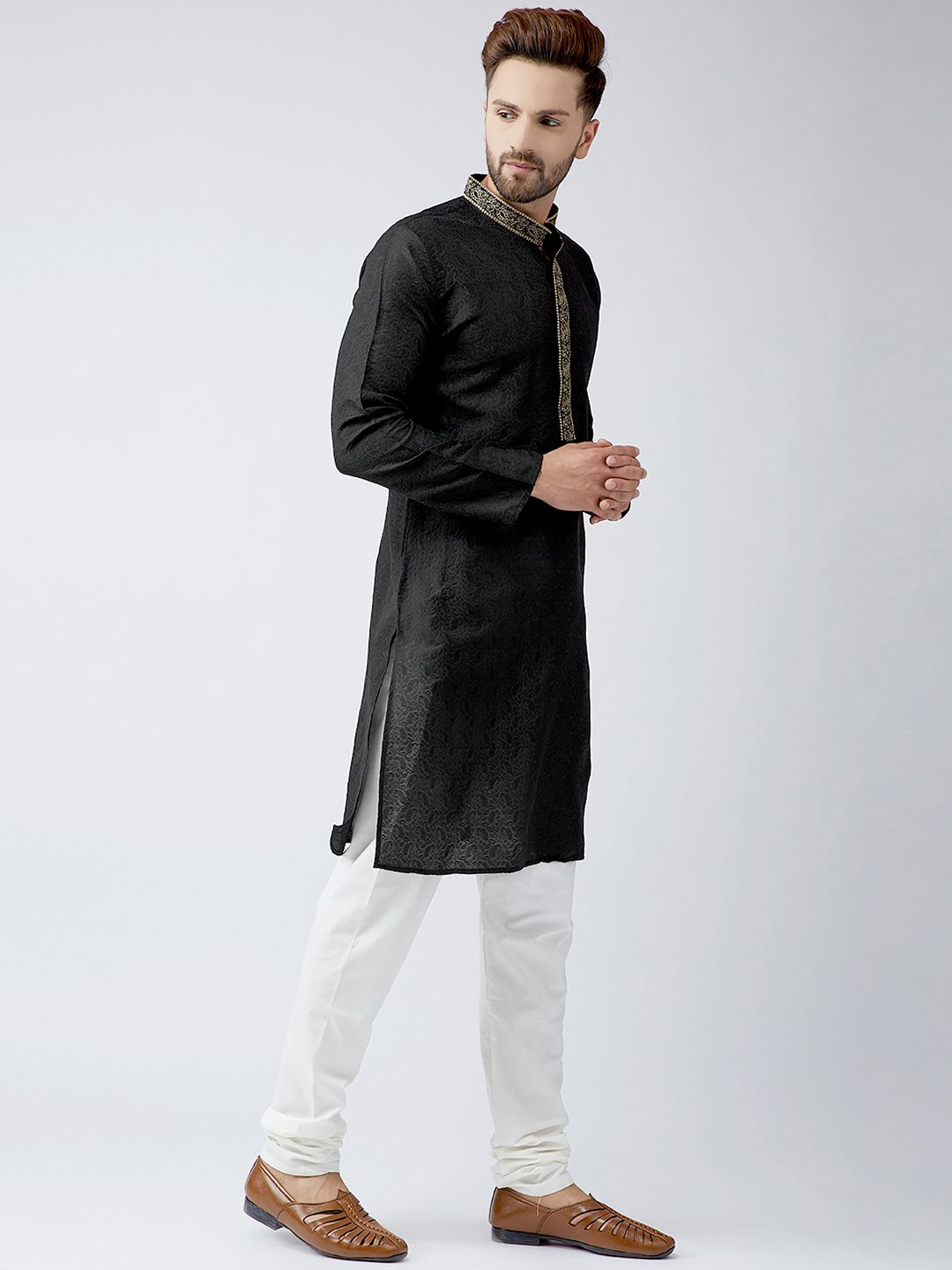 SOJANYA Men Black Embellished Straight Kurta