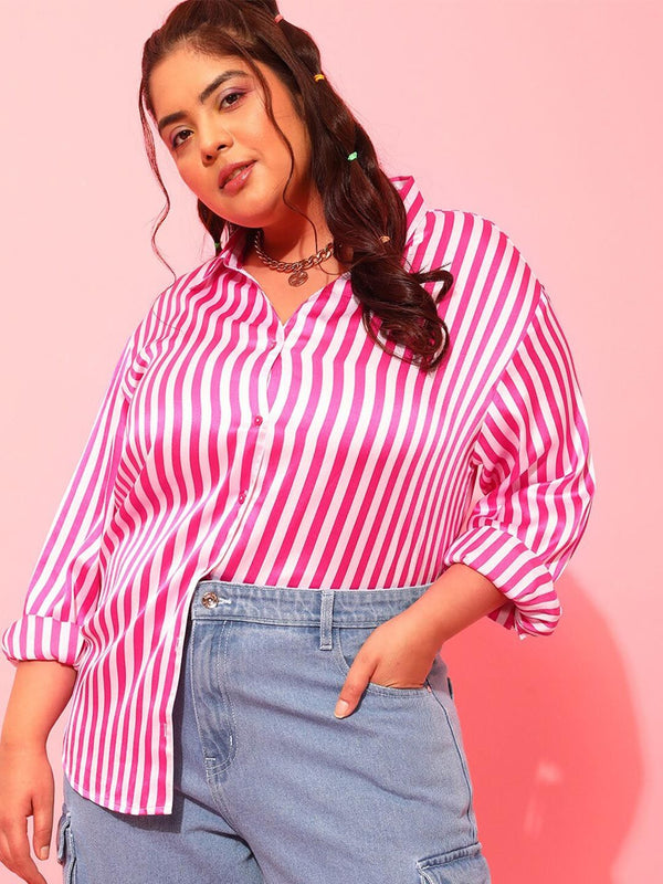 CURVY STREET Plus Size Pink & White Classic Vertical Striped Satin Shirt