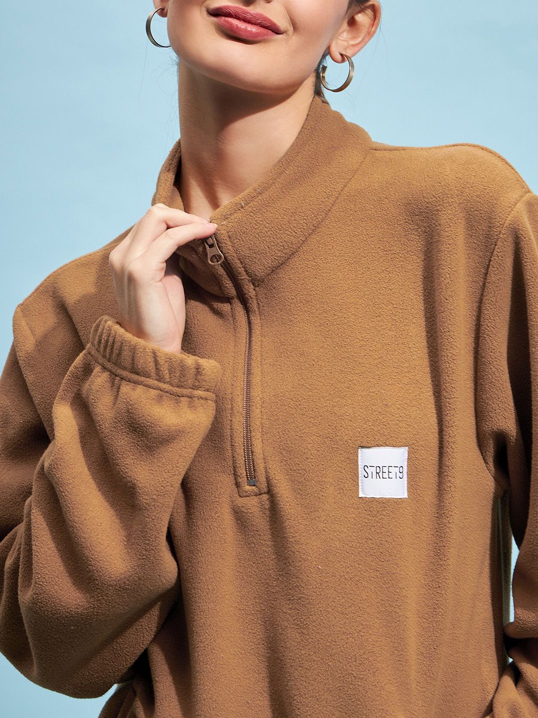 STREET 9 Brown Mock Collar Oversized Sweatshirt