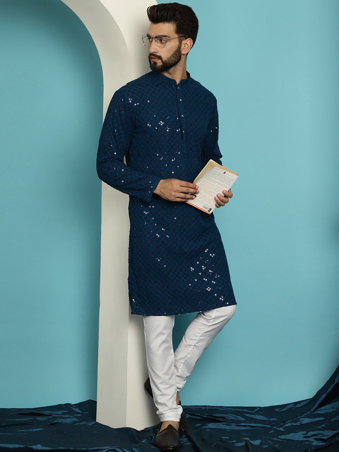 SOJANYA Ethnic Motifs Embroidered Sequined Pure Cotton Kurta with Churidar