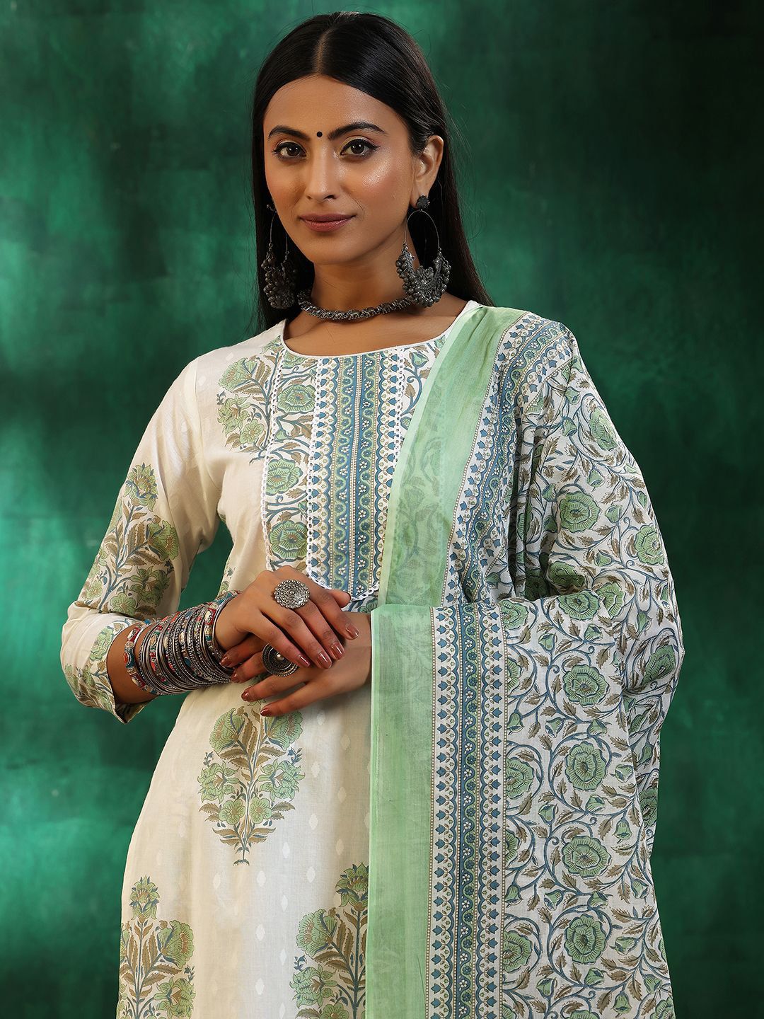 Libas Floral Printed Gotta Patti Pure Cotton Straight Kurta with Trousers & Dupatta