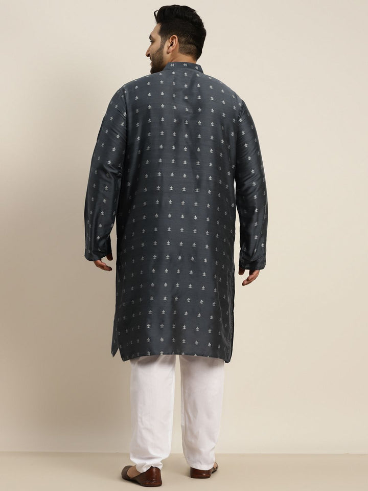SOJANYA PLUS Lelaki Charcoal Grey & Silver Jacquard Silk Woven Design Kurta Lurus