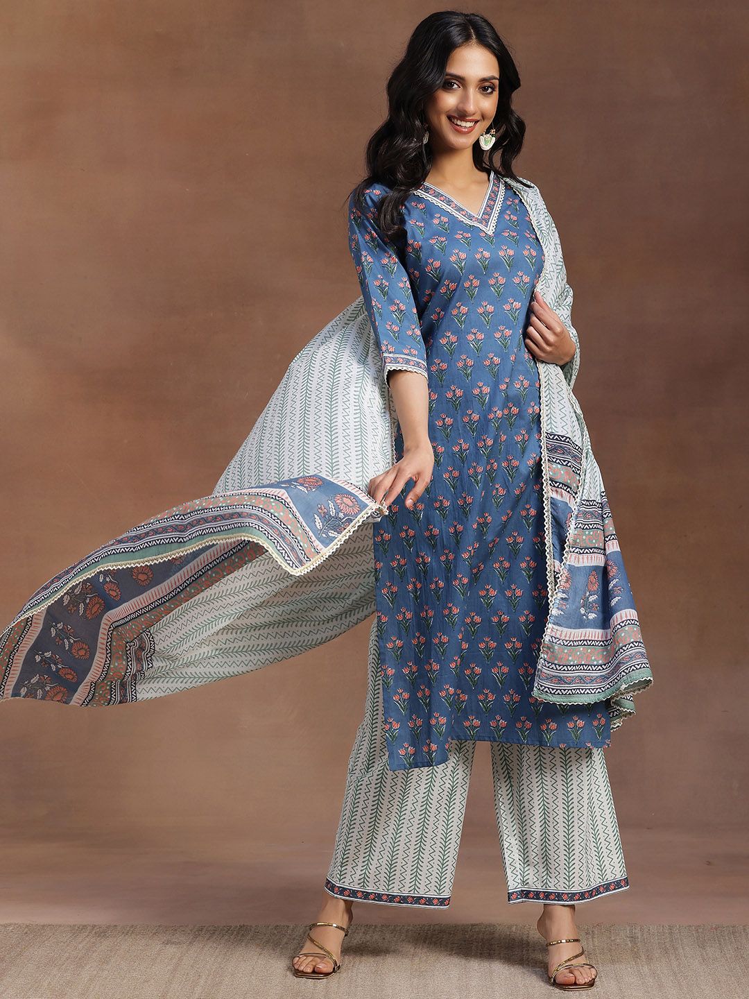 Libas Women Blue Pure Cotton Floral Print Gotta Patti Kurta with Palazzos & Dupatta