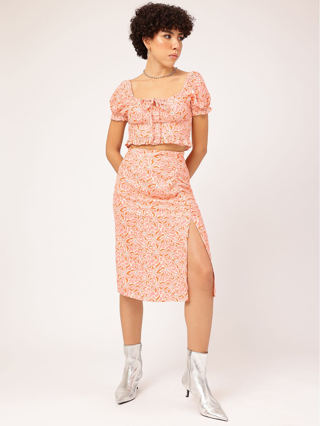 DressBerry Floral Flaunt Ruched Printed Co-Ords