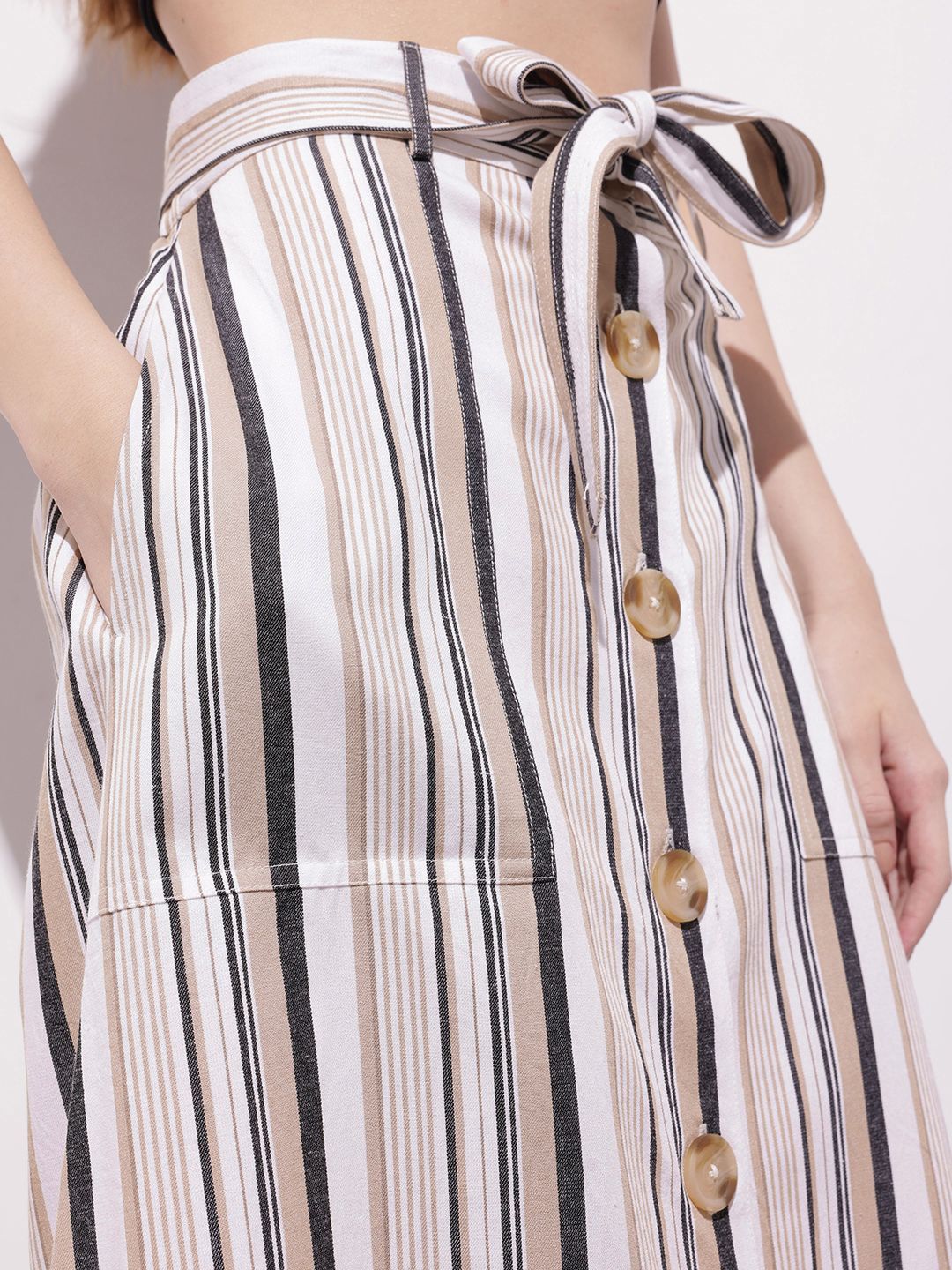 DressBerry Dark Academia Neutral Stripe Belted A-Line Skirt