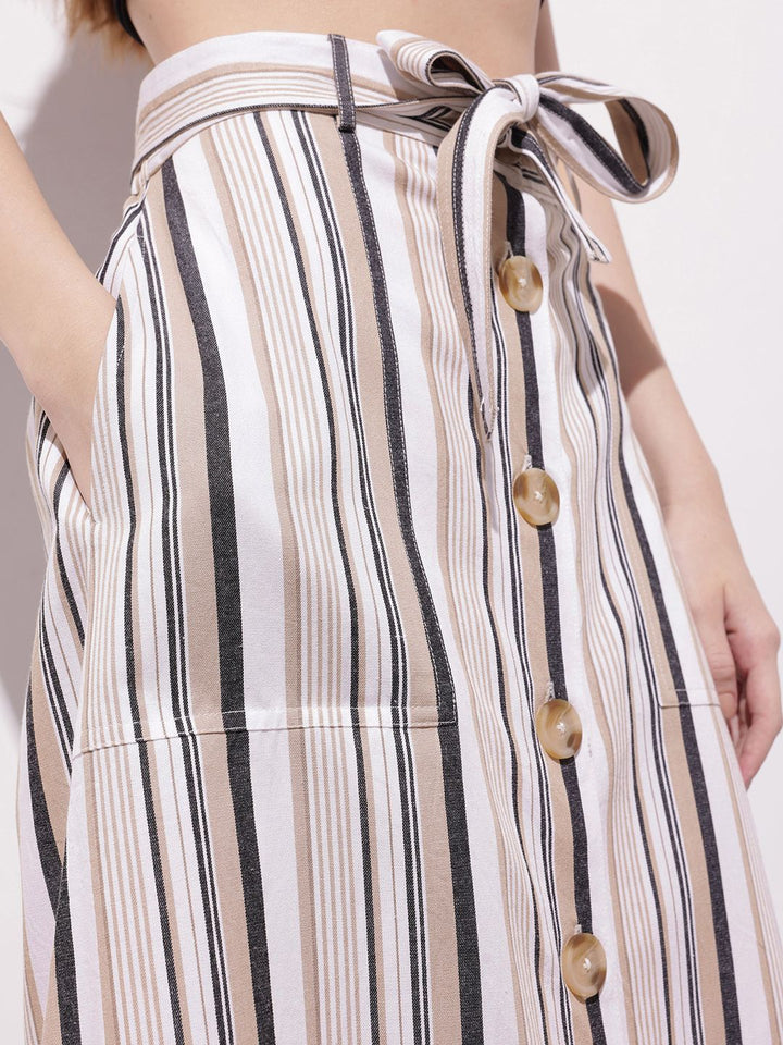 DressBerry Dark Academia Neutral Stripe Belted A-Line Skirt