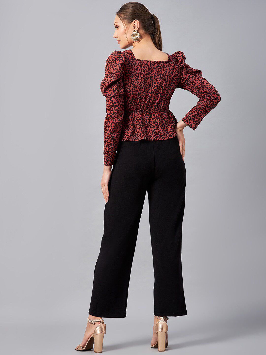 Antheaa Rust Red & Black Animal Printed Sweetheart Neck Top and Trousers