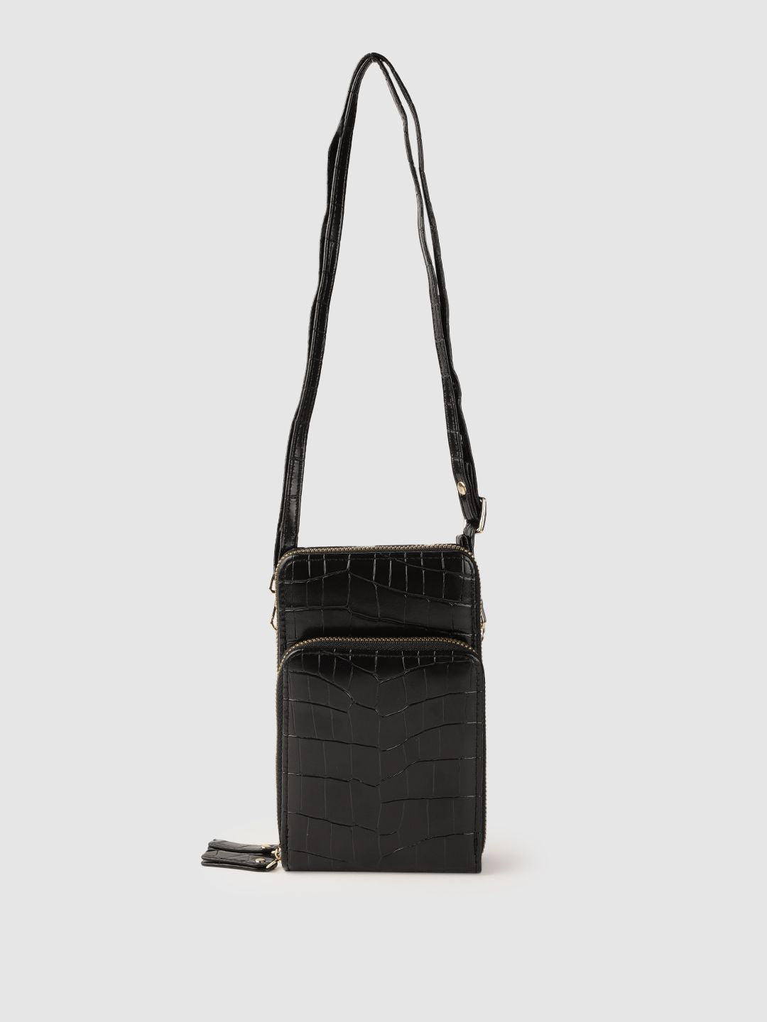 Lino Perros Black Croc Textured Structured Sling Bag with Detachable Sling Strap