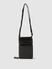 Lino Perros Black Croc Textured Structured Sling Bag with Detachable Sling Strap