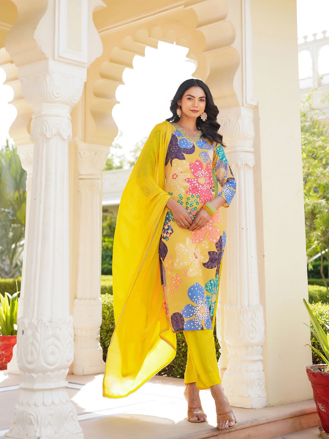 KALINI Floral Printed V-Neck Straight Kurta With Trousers & Dupatta
