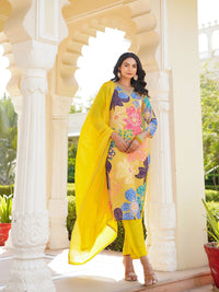 KALINI Floral Printed V-Neck Straight Kurta With Trousers & Dupatta