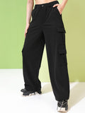 Tokyo Talkies Women Mid-Rise Knitted Straight Fit Cargos Trousers