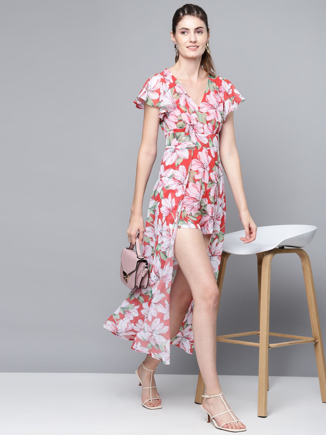 SASSAFRAS Coral Red & Green Floral Printed Layered Jumpsuit