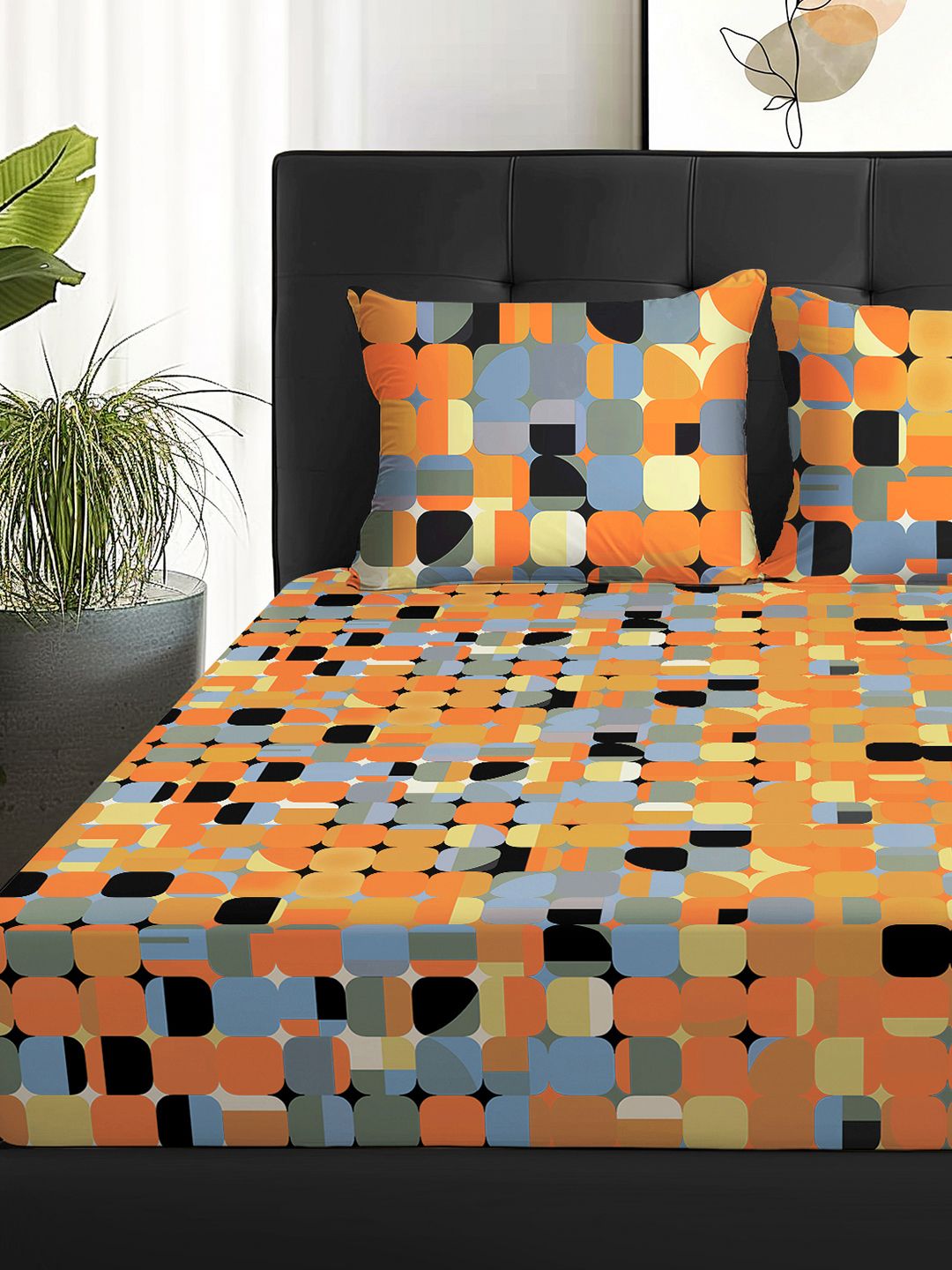 Story@home Arena Rust & Purple Printed 180 TC Queen Bedsheet & 2 Pillow Covers