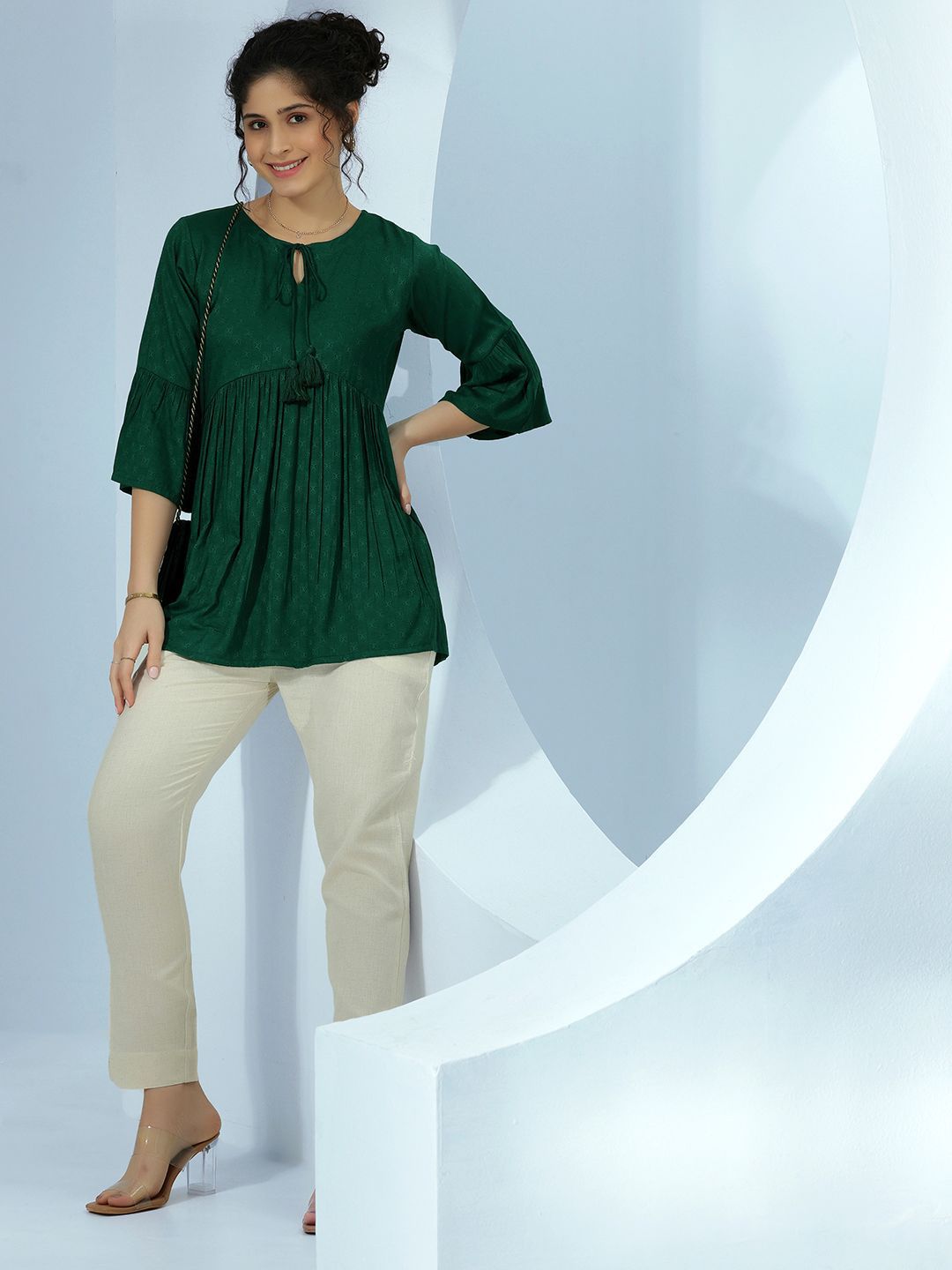 Libas Women Woven Design Tie-Up Neck A-Line Kurti