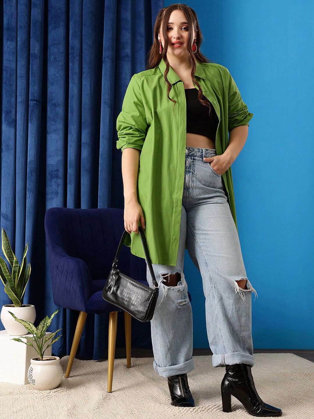 CURVY STREET Comfort Spread Collar Oversized Cotton Shirt