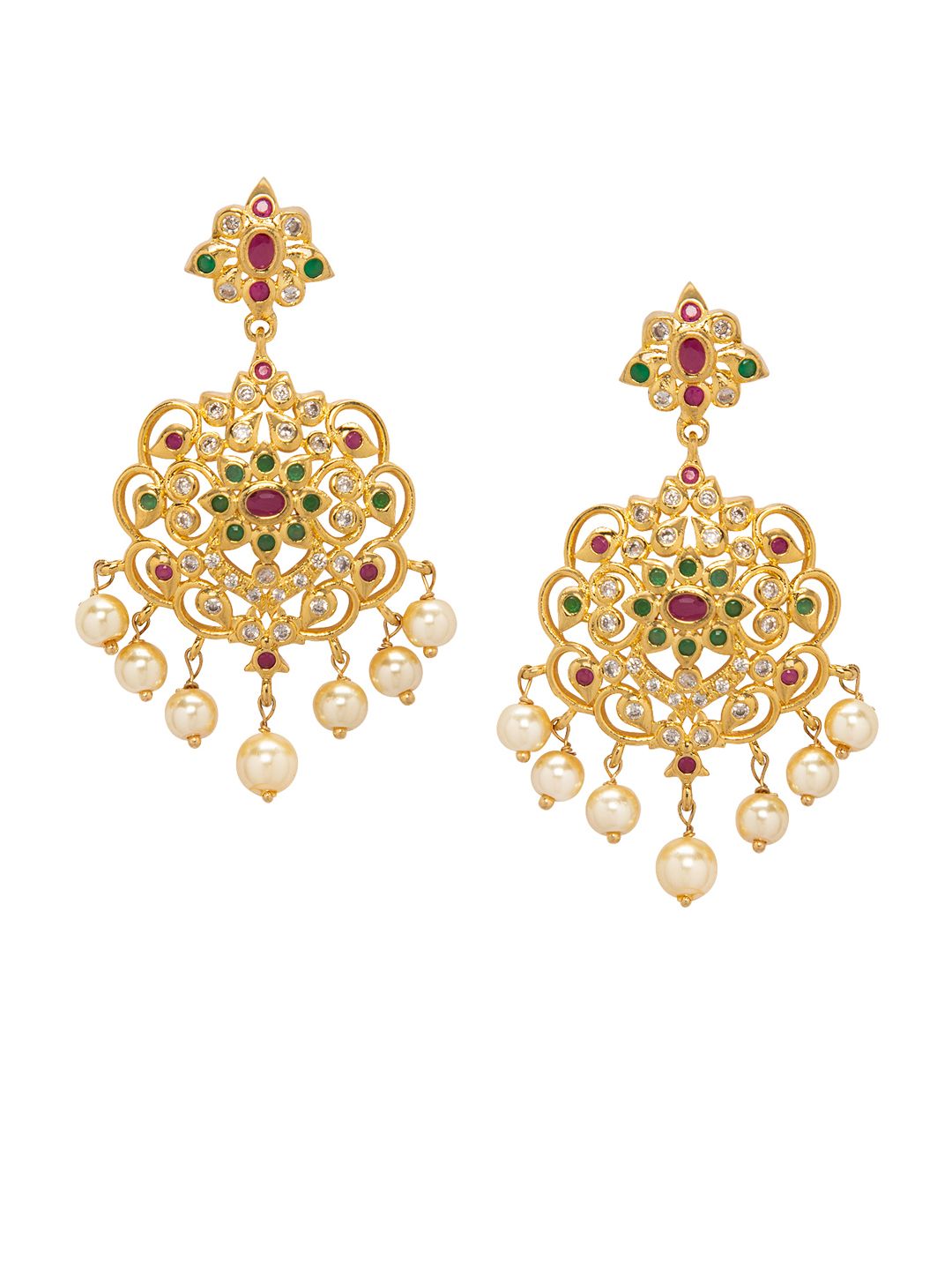 Rubans 22K Gold-Plated Ruby & CZ Studded Multistand Jewellery Set with Pearl Accents