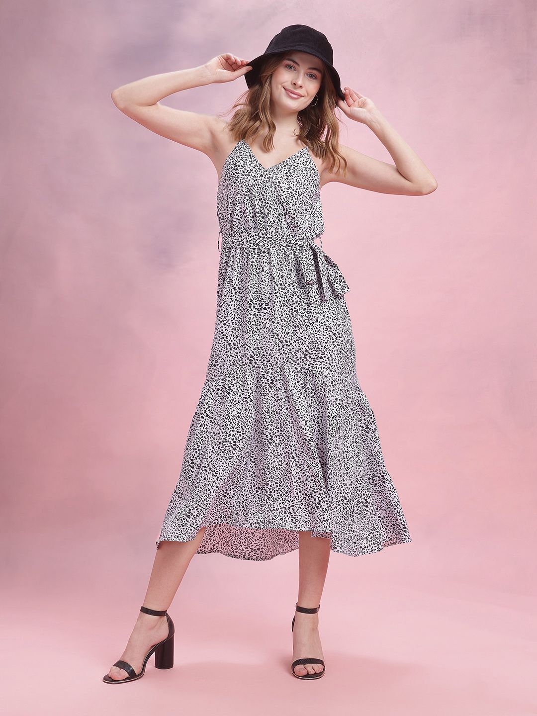 DressBerry Leopard Print Shoulder Straps Maxi Fit & Flare Wrap Dress with Belt