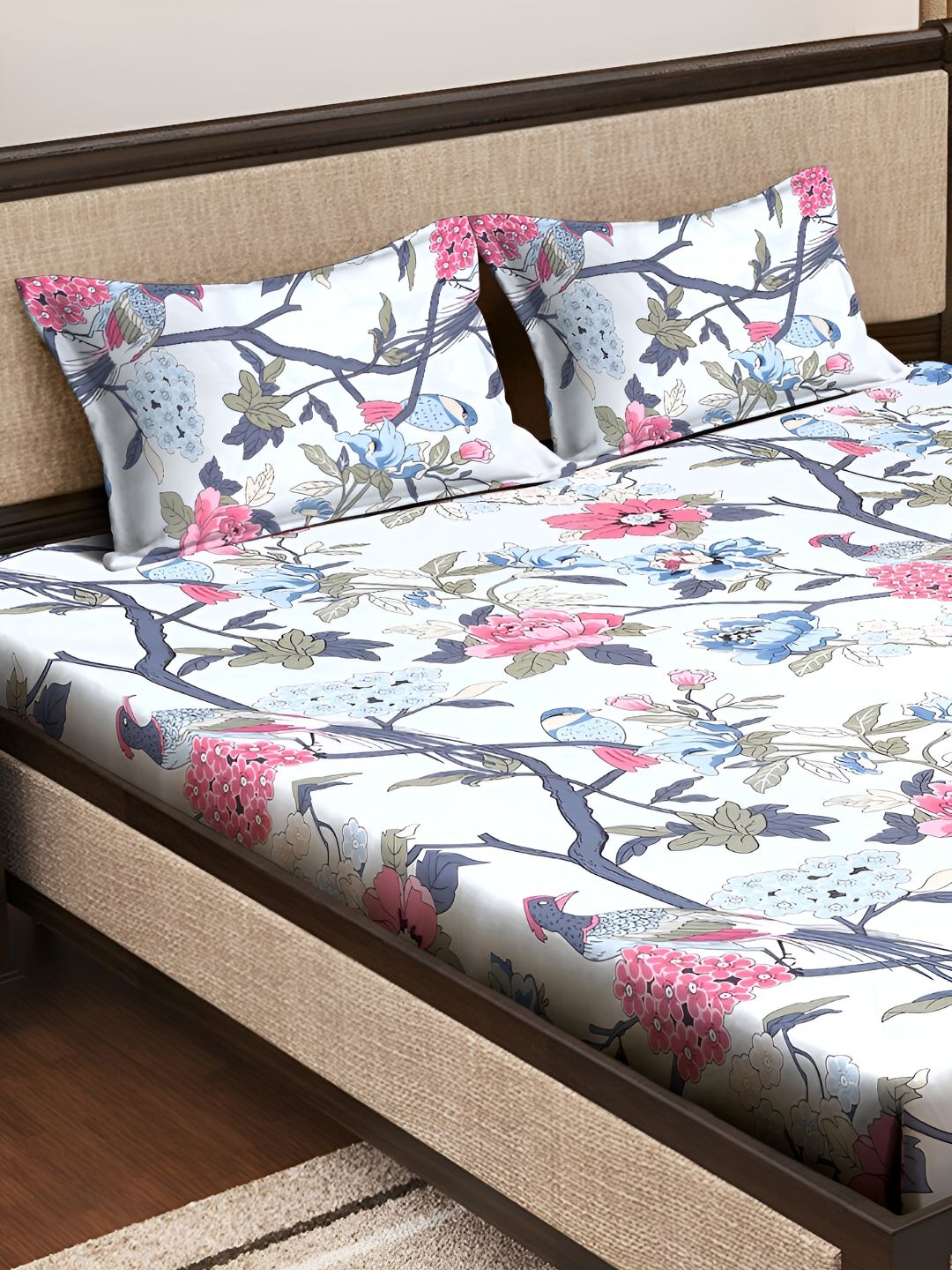 KLOTTHE White & Pink Floral 300 TC Double King Bedsheet With 2 Pillow Covers