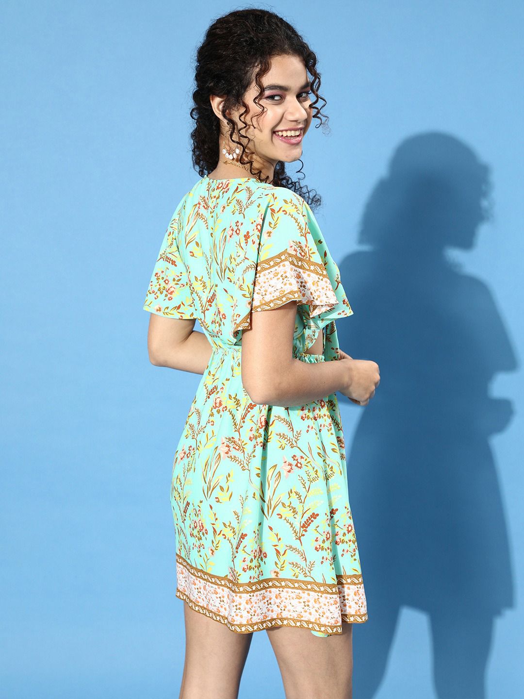 Berrylush Green Tribal Crepe A-Line Mini Dress
