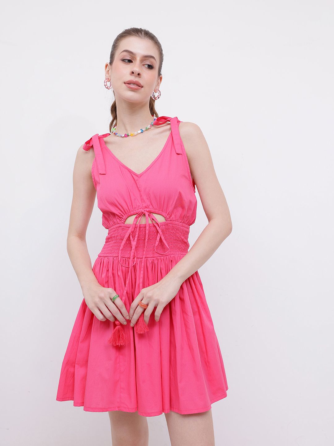 DressBerry Pinktastic Smocked Cut-Out Cinched Waist A-Line Mini Dress