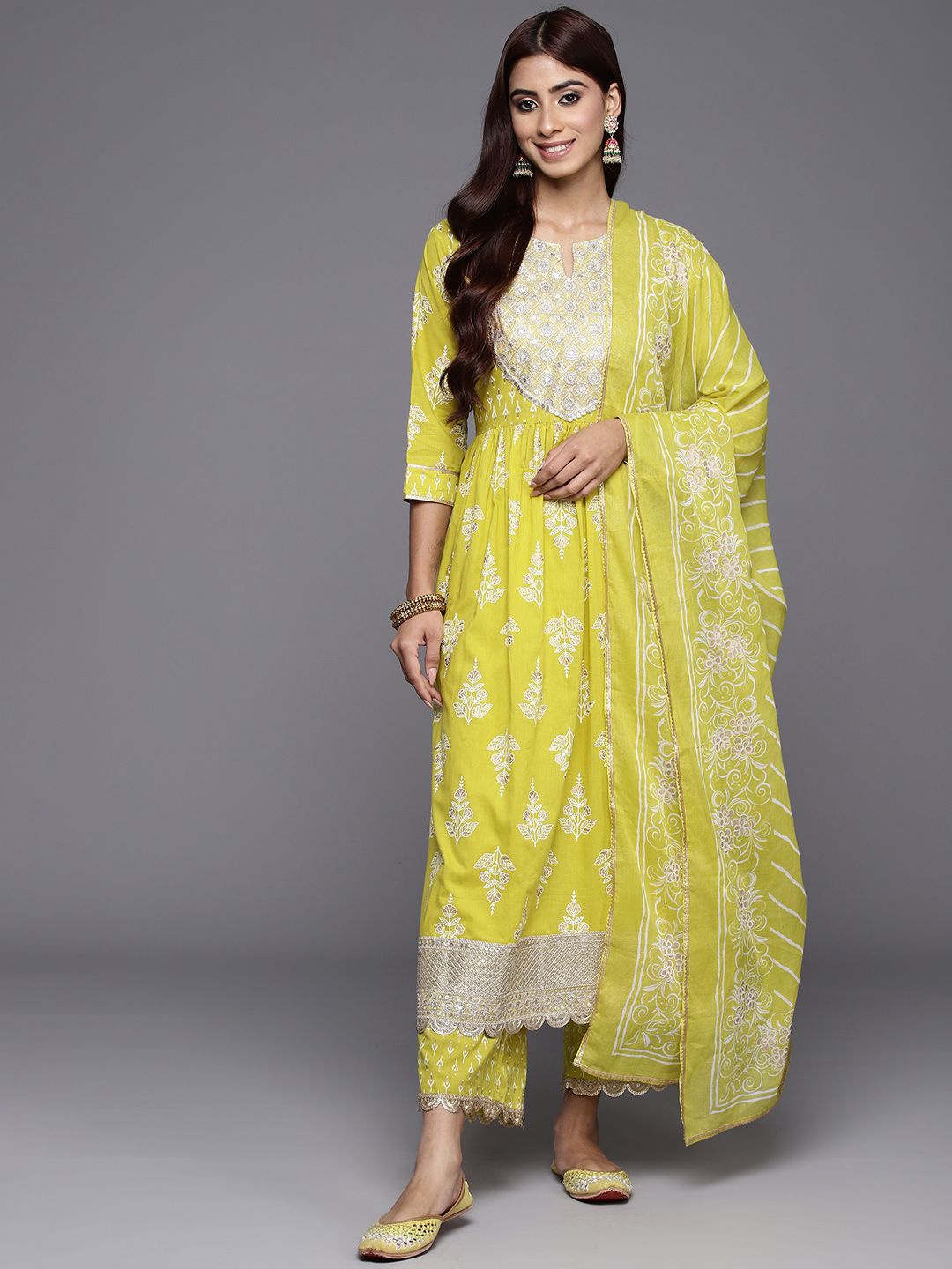 Libas Women Floral Yoke Design High Slit Pure Cotton Kurta with Palazzos & With Dupatta