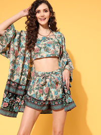 Berrylush Women Beige & Blue Floral Printed 3 Piece Co-Ords