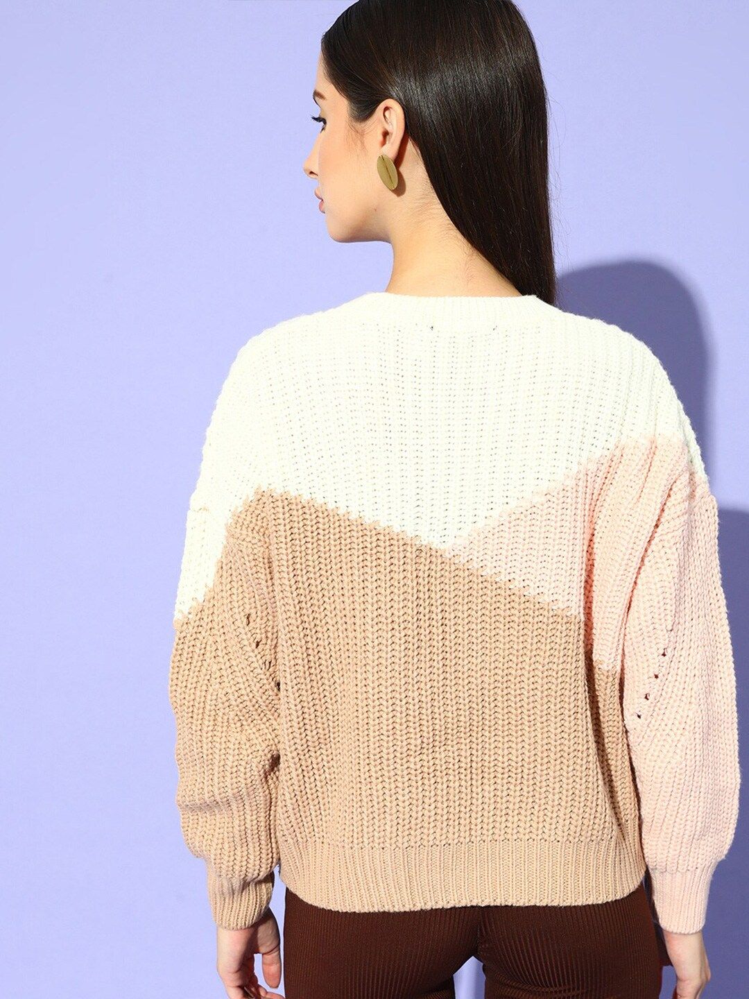 STREET 9 Women Brown & White Colourblocked Pullover