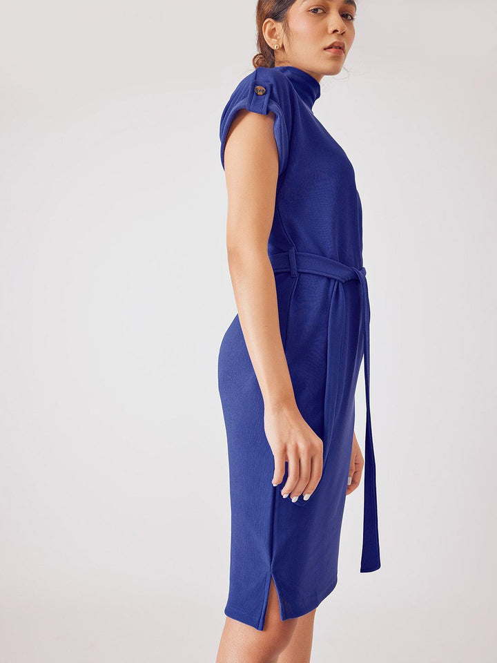 The Label Life High Neck Buttoned Details Sheath Dress With Belt