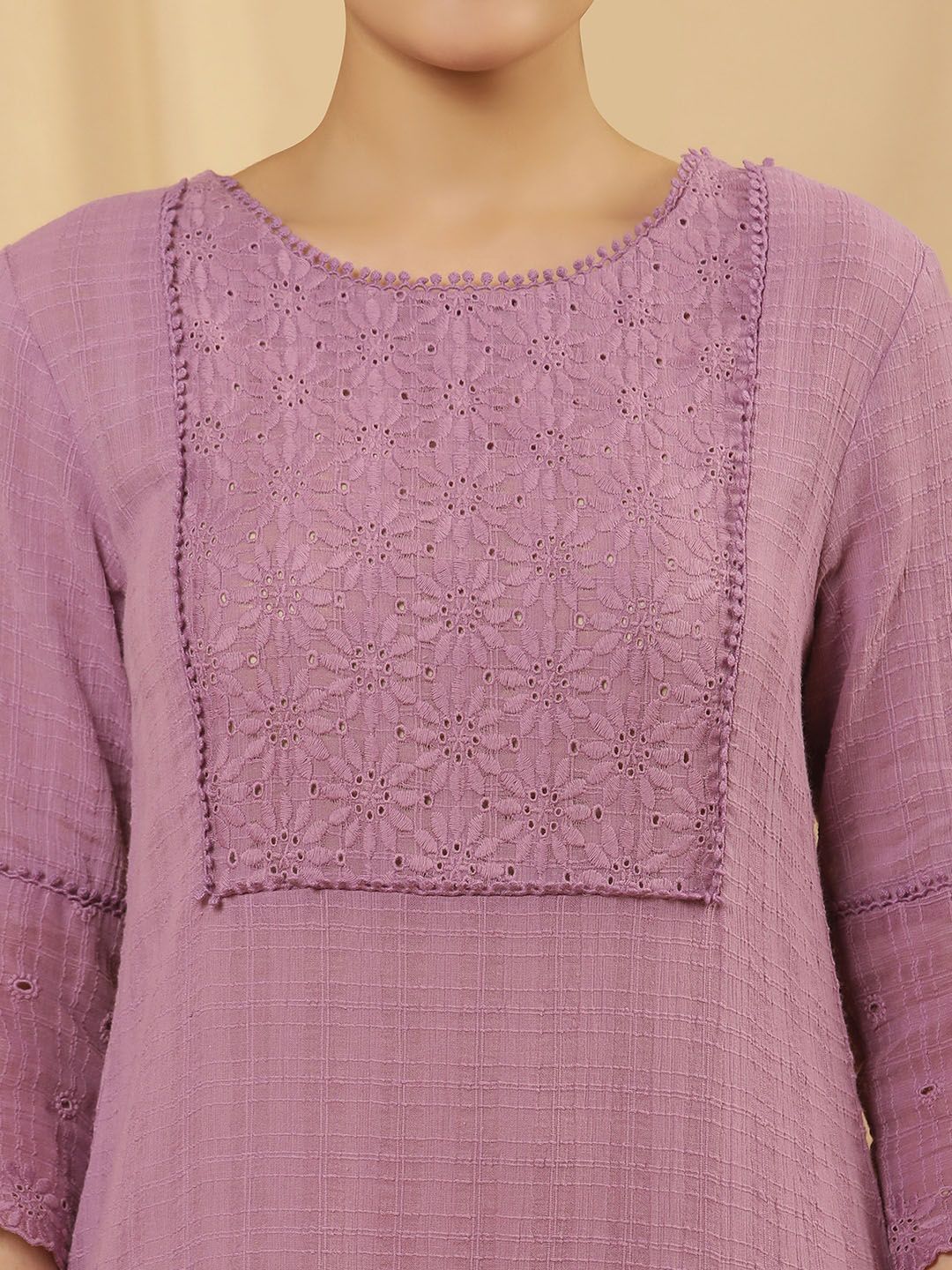 W Purple Floral Yoke Design Thread Work Pure Cotton Straight Kurta