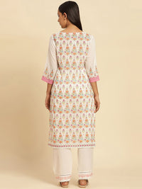 W Ethnic Motifs Printed Keyhole Neck Pure Cotton Straight Kurta