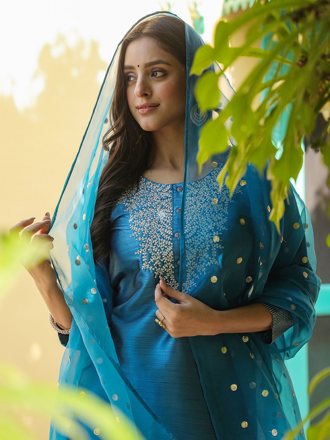 KALINI Ethnic Motifs Embroidered Straight Kurta & Trousers With Dupatta