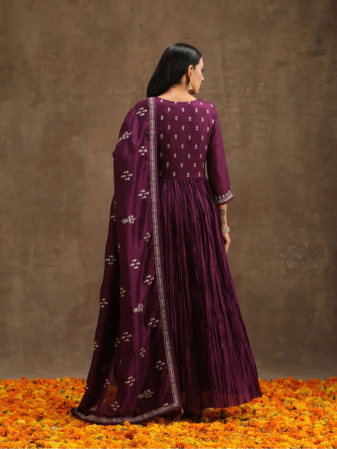 Libas Floral Embroidered Empire Sequinned Kurta With Trousers & Dupatta