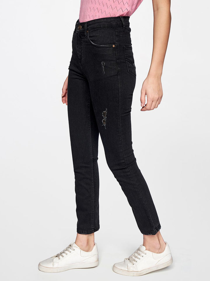 AND Women Charcoal Slim Fit Mildly Distressed Mid Rise Stretchable Jeans