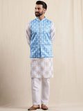 Anouk Geometric Printed Linen Straight Kurta With Pyjamas & Nehru Jacket