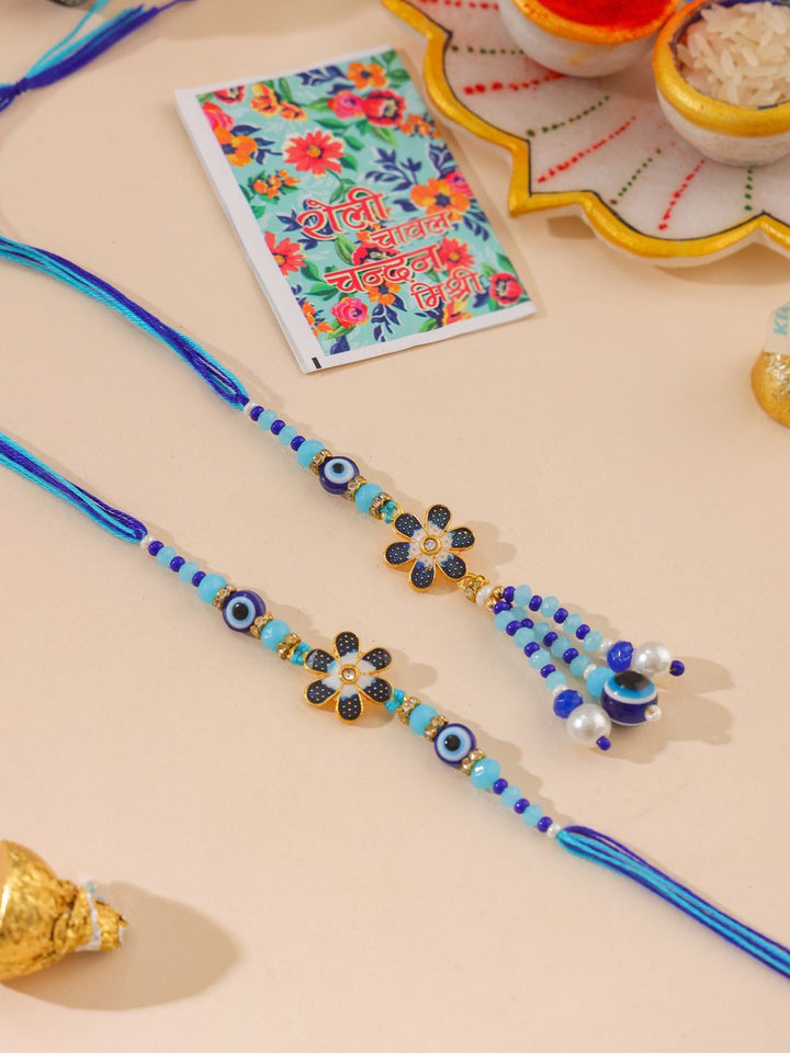 NVR Set of 2 Blue Artificial Beads Evil Eye Bhaiya Bhabhi Rakhi with Roli Chawal