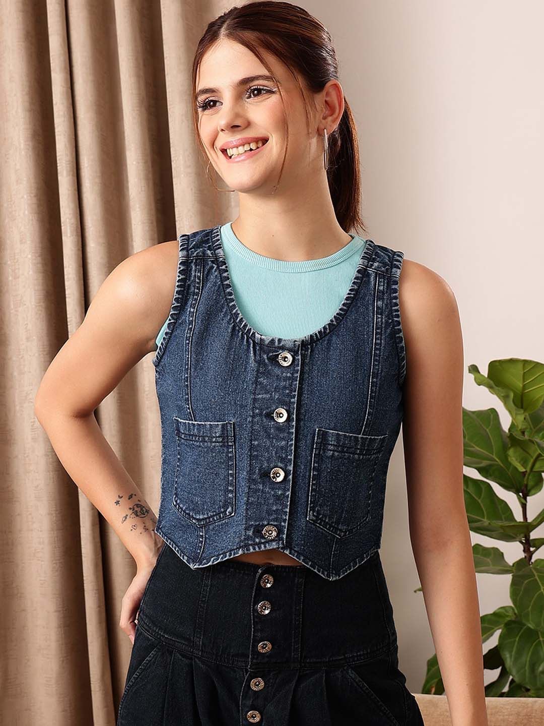 STREET 9 Sleeveless Crop Cotton Denim Jacket