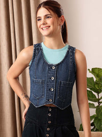 STREET 9 Sleeveless Crop Cotton Denim Jacket