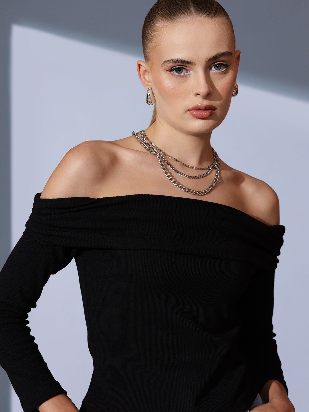 STREET 9 Off-Shoulder Solid Pure Cotton Bardot Top