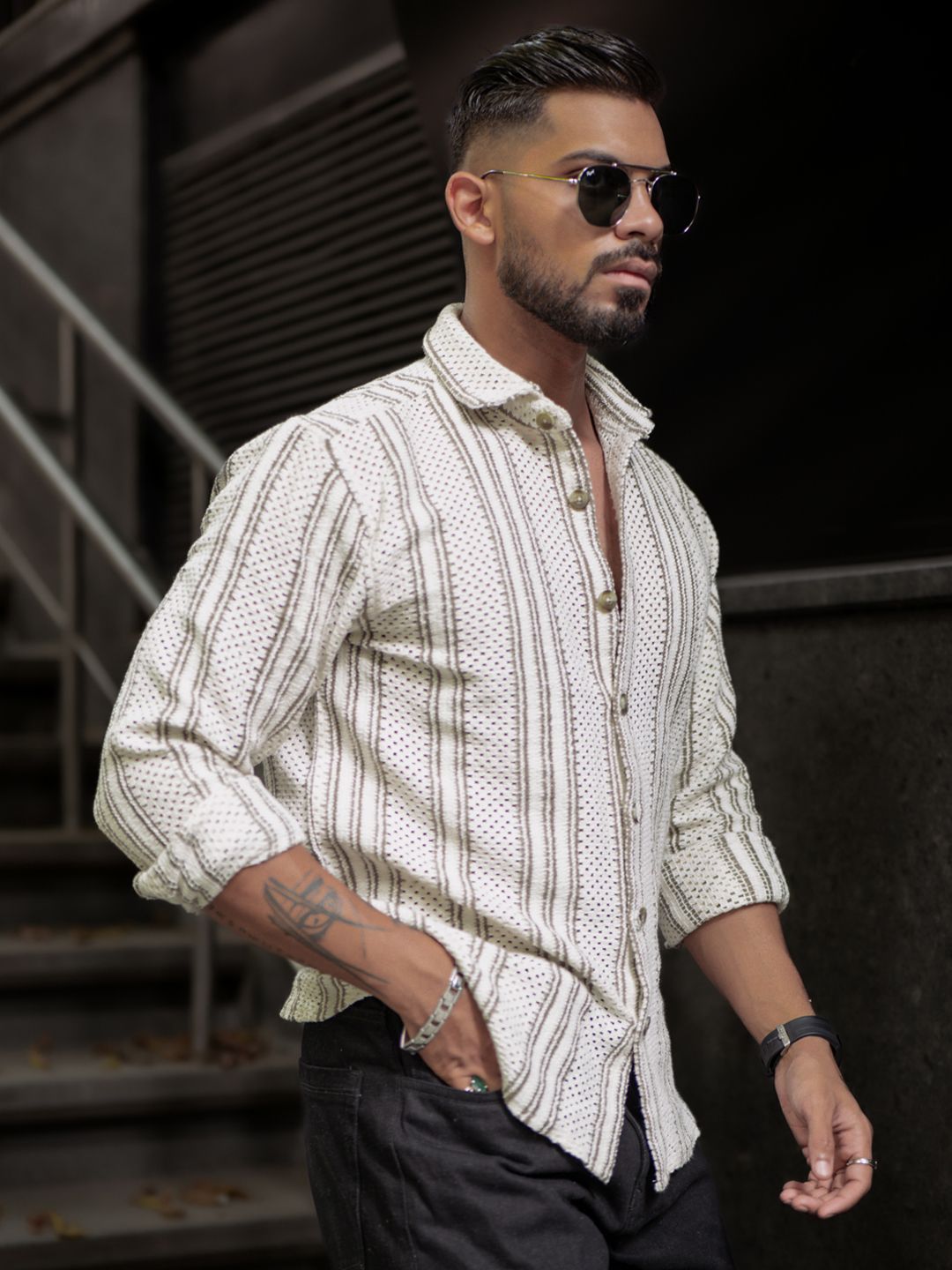 Powerlook Men Spread Collar Vertical Striped Casual Shirt