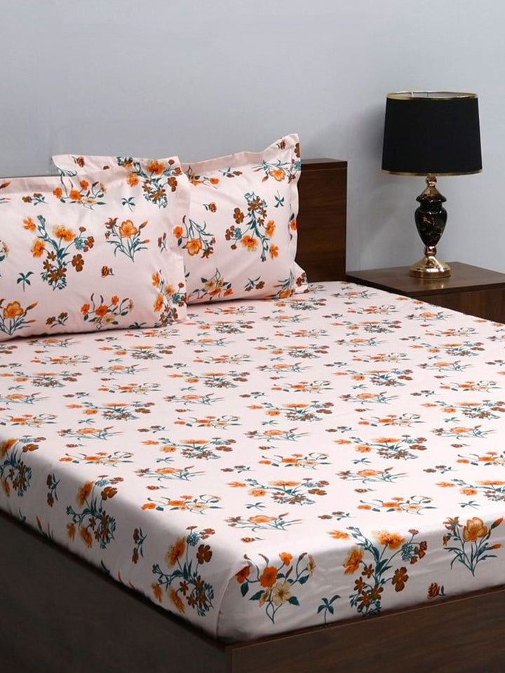 BOMBAY DYEING Pink & Orange Floral 164 TC Cotton Queen Bedsheet With 2 Pillow Covers