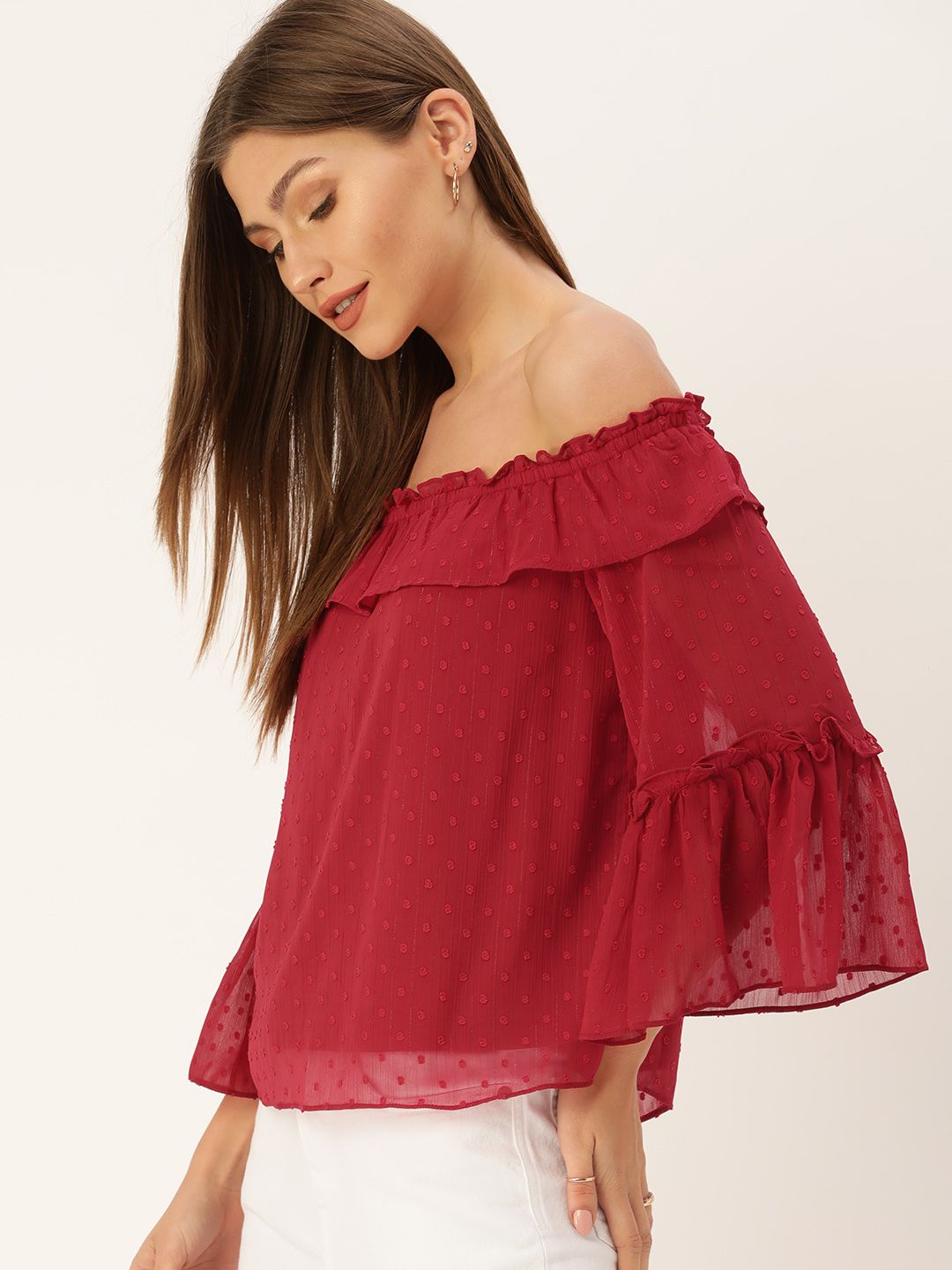 AND Maroon Off-Shoulder Ruffles Top
