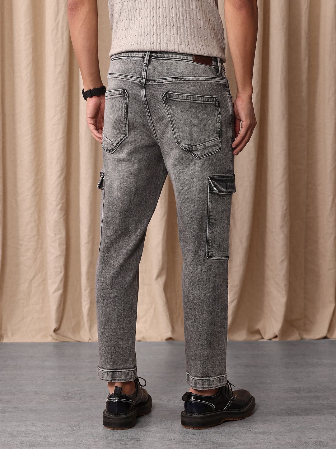 Mr Bowerbird Men Tapered Fit Mid-Rise Heavy Fade Cropped Stretchable Cargo Styles Jeans