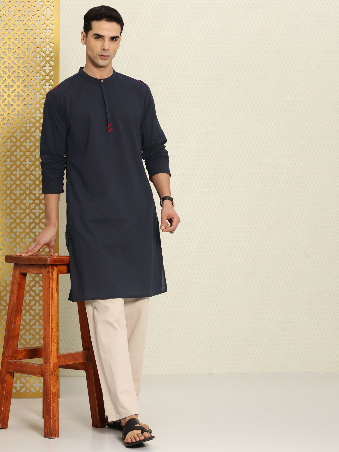 House of Pataudi Pure Cotton Band Collar Regular Rozana Kurta