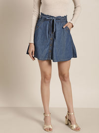 all about you Blue Pure Cotton Denim A-Line Skirt with Belt