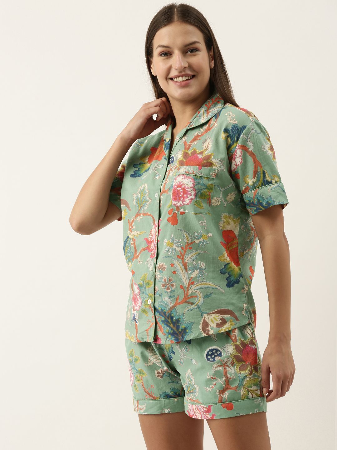 SANSKRUTIHOMES Women Green & Orange Printed Cotton Night suit