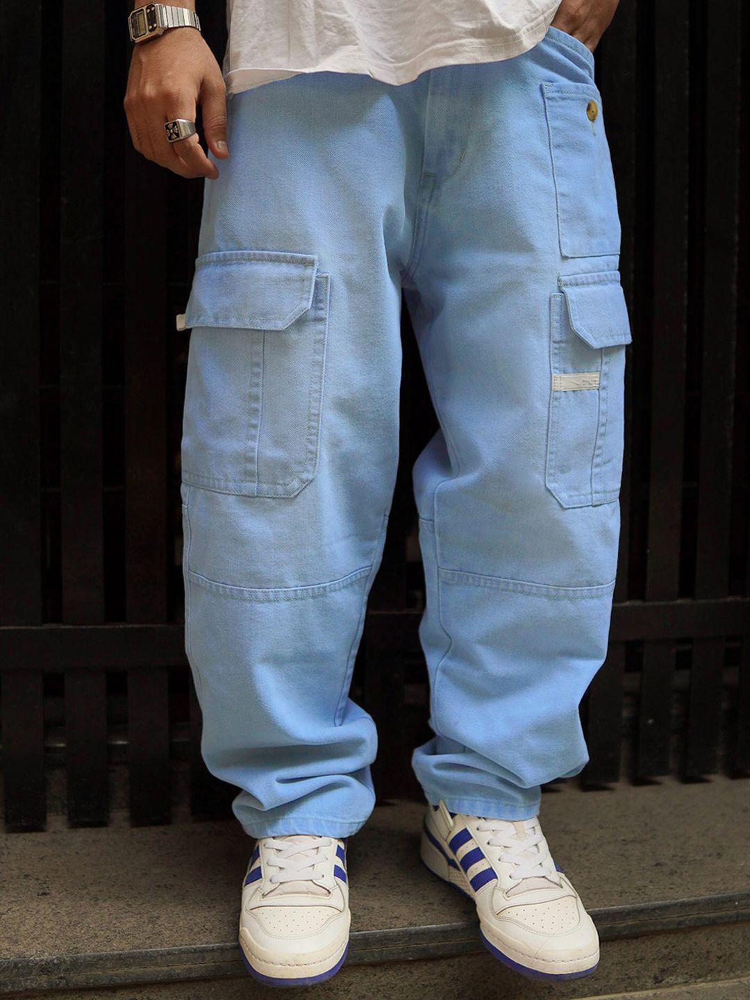 Powerlook Men Clean Look Boyfriend Fit Light Fade Cotton Denim Baggy Fit Cargo Jeans